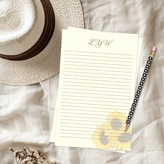 Zonnebloemen Ecru Gelinieerde Bloemen Monogram Briefpapier