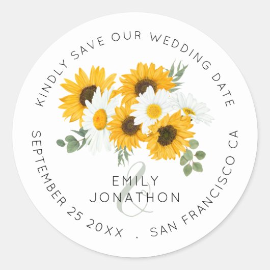 Zonnebloemen Elegant Sla de datum op Ronde Sticker (Voorkant)