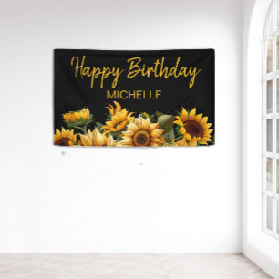 Zonnebloemen Elegant Zwart Happy Birthday Naam Spandoek