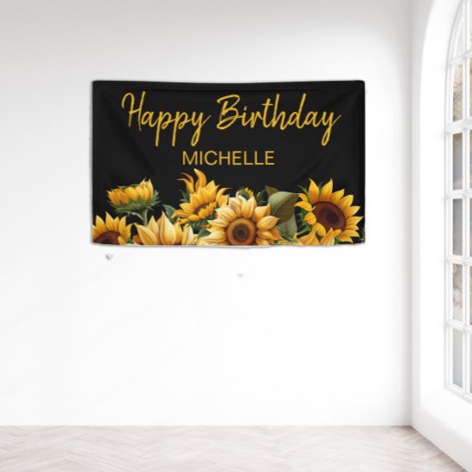 Zonnebloemen Elegant Zwart Happy Birthday Naam Spandoek