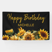 Zonnebloemen Elegant Zwart Happy Birthday Naam Spandoek (Horizontaal)