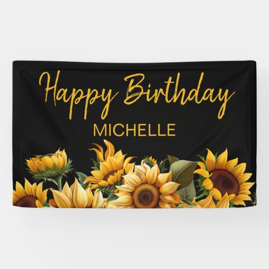 Zonnebloemen Elegant Zwart Happy Birthday Naam Spandoek (Horizontaal)