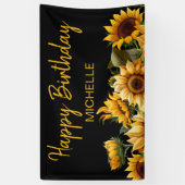Zonnebloemen Elegant Zwart Happy Birthday Naam Spandoek (Verticaal)