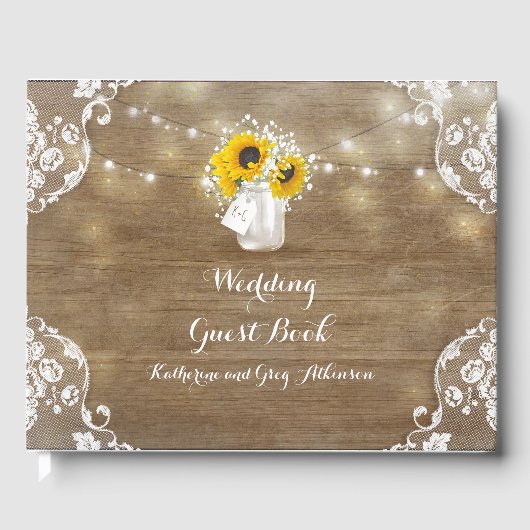 Zonnebloemen en Baby's Breath Rustic Wood Wedding Gastenboek (Voorkant)