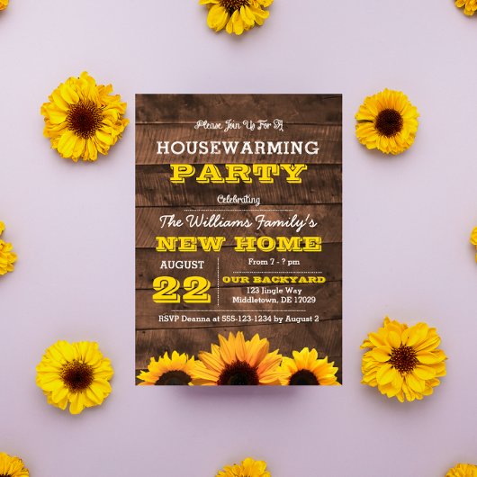 Zonnebloemen en Barnwood Housewarming Invitation Kaart