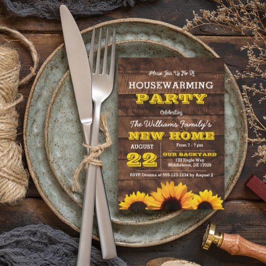 Zonnebloemen en Barnwood Housewarming Invitation Kaart