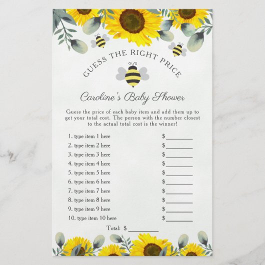 Zonnebloemen en bijen Baby shower Raad Prijsspel (Voorkant)