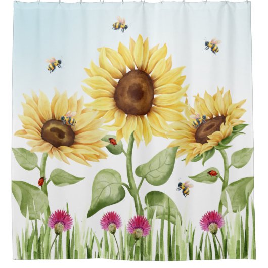 Zonnebloemen en Bijen Douchegordijn (Voorkant)