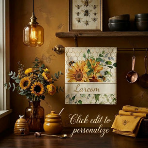 Zonnebloemen en bijen gepersonaliseerd theedoek