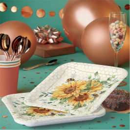 Zonnebloemen en bijen papieren bordje