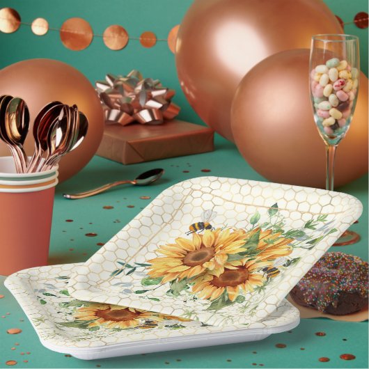 Zonnebloemen en bijen papieren bordje (Multi)