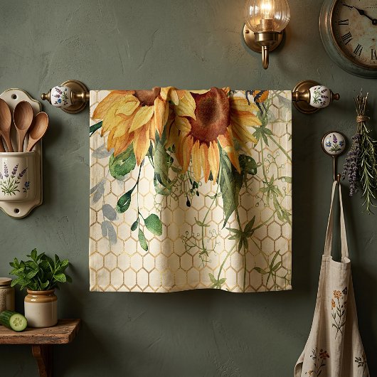 Zonnebloemen en bijen theedoek