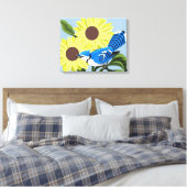 Zonnebloemen en Blauwe Jay Canvas Afdruk (Insitu (Slaapkamer))