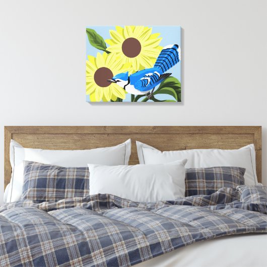 Zonnebloemen en Blauwe Jay Canvas Afdruk (Insitu (Slaapkamer))
