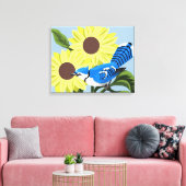 Zonnebloemen en Blauwe Jay Canvas Afdruk (Insitu (Woonkamer))