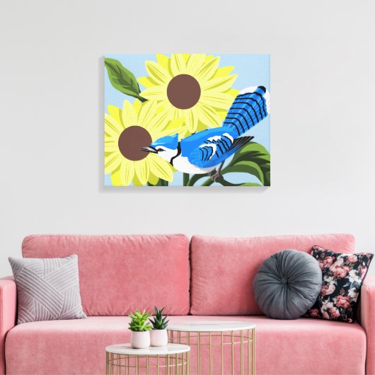 Zonnebloemen en Blauwe Jay Canvas Afdruk (Insitu (Woonkamer))