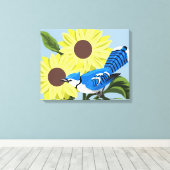 Zonnebloemen en Blauwe Jay Canvas Afdruk (Insitu (Houten vloer))