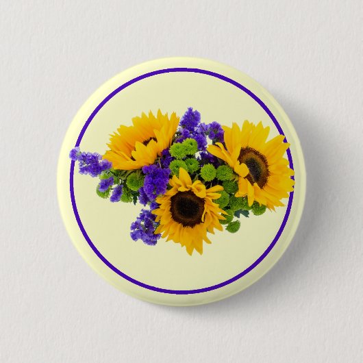 Zonnebloemen en Blauwe Statice Ronde Button 5,7 Cm (Voorkant)