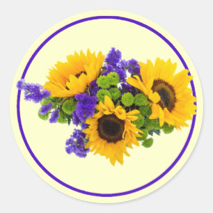 Zonnebloemen en blauwe statiekticker ronde sticker