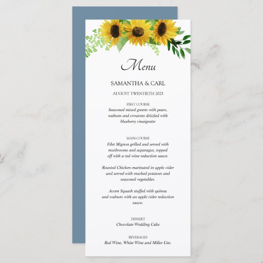 Zonnebloemen en blos blauw menu (Voorkant / Achterkant)