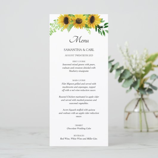 Zonnebloemen en blos blauw menu (Staand voorkant)