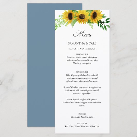 zonnebloemen en blozend blauwe menu (Voorkant / Achterkant)