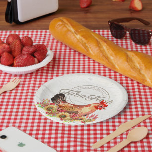 Zonnebloemen en boerderij van kippen, vers papieren bordje