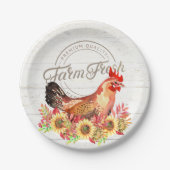 Zonnebloemen en boerderij van kippen, vers papieren bordje (Voorkant)
