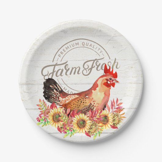 Zonnebloemen en boerderij van kippen, vers papieren bordje (Voorkant)