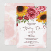 Zonnebloemen en bordeauxrode rozen bloemige trouwd kaart (Voorkant / Achterkant)