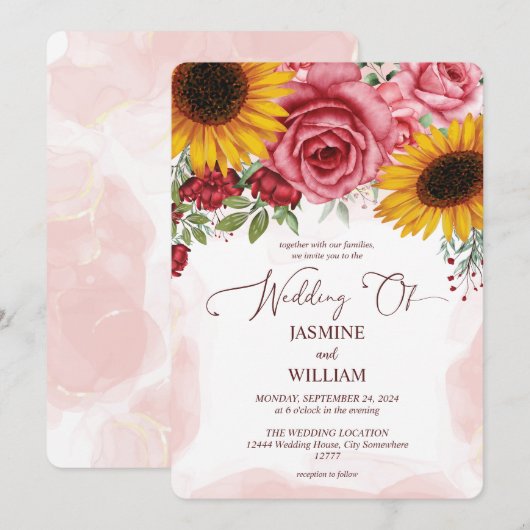 Zonnebloemen en bordeauxrode rozen bloemige trouwd kaart (Voorkant / Achterkant)