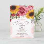 Zonnebloemen en bordeauxrode rozen bloemige trouwd kaart (Staand voorkant)