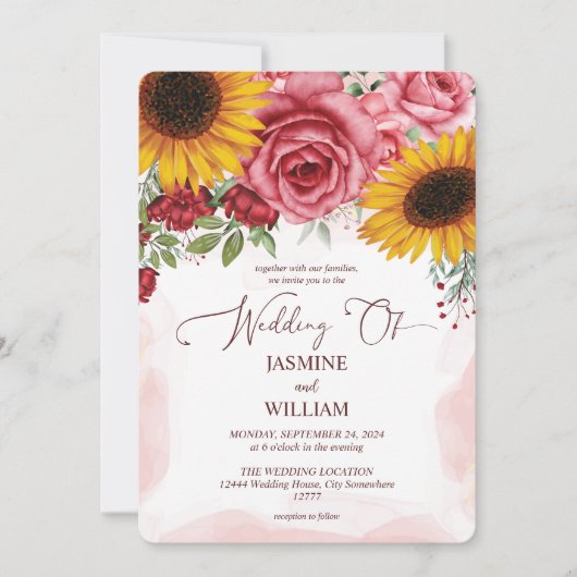 Zonnebloemen en bordeauxrode rozen bloemige trouwd kaart (Voorkant)