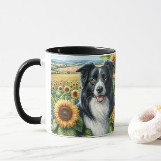 Zonnebloemen en Border Collie Hondenliefhebber Mok (Met donut)