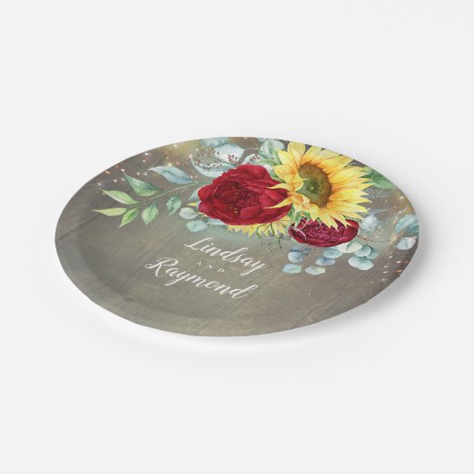 Zonnebloemen en Bourgondische rode rozen Rustiek L Papieren Bordje (Gekanteld)