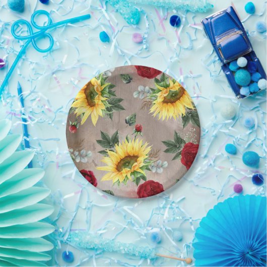 Zonnebloemen en Bourgondische rode rozen rustieke Papieren Bordje (Feest)