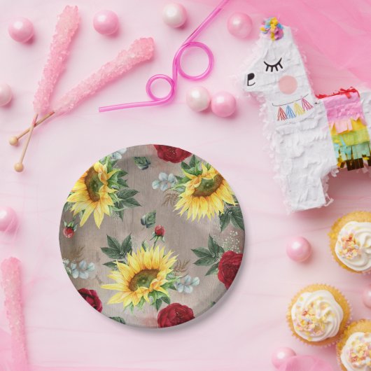 Zonnebloemen en Bourgondische rode rozen rustieke Papieren Bordje (Feest)