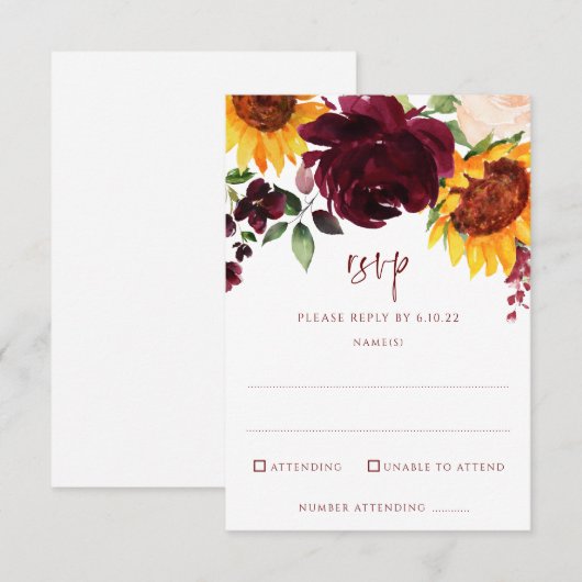 Zonnebloemen en bruine rode rozen trekken het huwe RSVP kaartje (Voorkant / Achterkant)