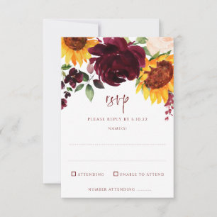 Zonnebloemen en bruine rode rozen trekken het huwe RSVP kaartje