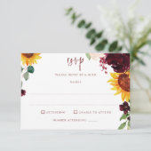 Zonnebloemen en bruine rode rozen trekken het huwe RSVP kaartje (Staand voorkant)