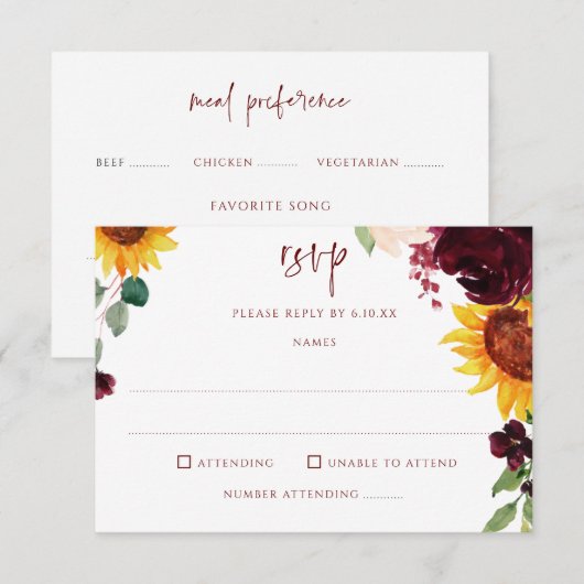Zonnebloemen en bruine rode rozen trekken het huwe RSVP kaartje (Voorkant / Achterkant)