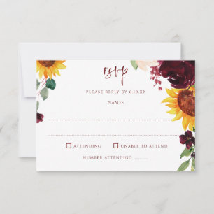 Zonnebloemen en bruine rode rozen trekken het huwe RSVP kaartje