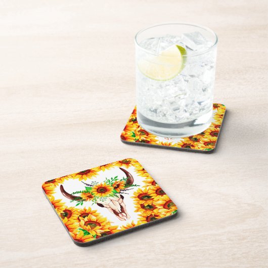 Zonnebloemen en Bull Skull Bier Onderzetter (Rechterzijde)