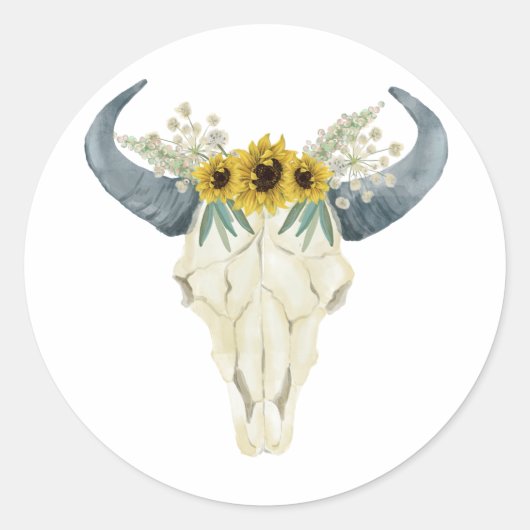 Zonnebloemen en Bull Skull Bruiloft Sticker (Voorkant)