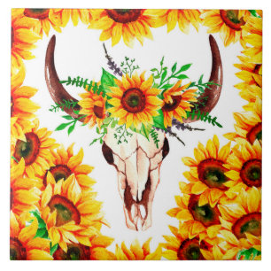 Zonnebloemen en Bull Skull Tegeltje
