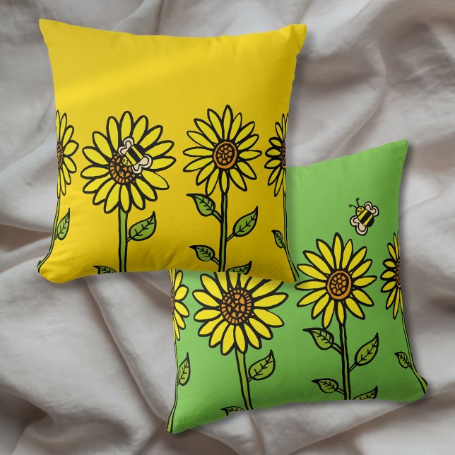 Zonnebloemen en Bumble Bee Bright Happy Kussen (Sunflowers and Bumble Bee Bright Happy Throw Pillow)