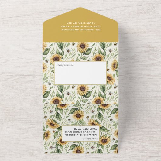 Zonnebloemen en Bumble Bees bruiloft All In One Uitnodiging (Buitenkant)