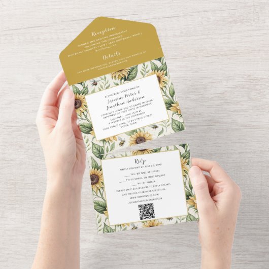 Zonnebloemen en Bumble Bees bruiloft All In One Uitnodiging (Afscheurbaar)