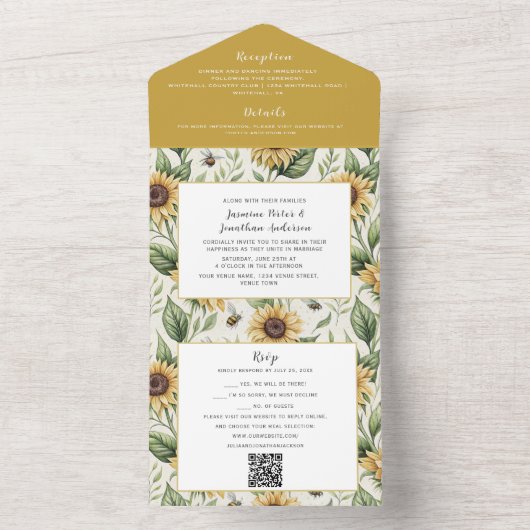 Zonnebloemen en Bumble Bees bruiloft All In One Uitnodiging (Binnen)