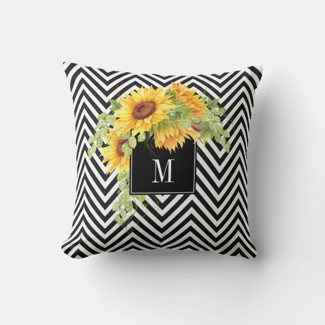 Zonnebloemen en Chevron Stripes met je monogram Kussen (Voorkant)